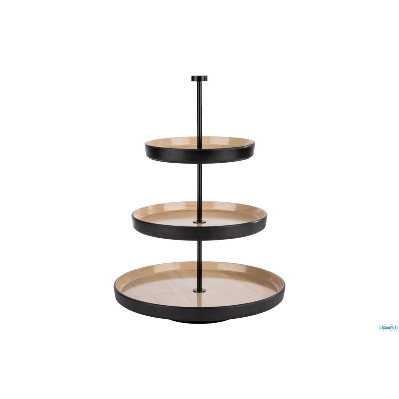 FRIDA-ALZATA TONDA IN ACCIAIO INOX NERO H. 43 CON 3 PIATTI IN MELAMINA INTERNO EFFETTO LEGNO ESTERNO NERO CM.32-25-20  85211