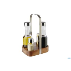WOOD-MENAGES OLIO-ACETO-SALE-PEPE INOX CON BASE IN LEGNO CM.15,5X12 H.24,5  40437
