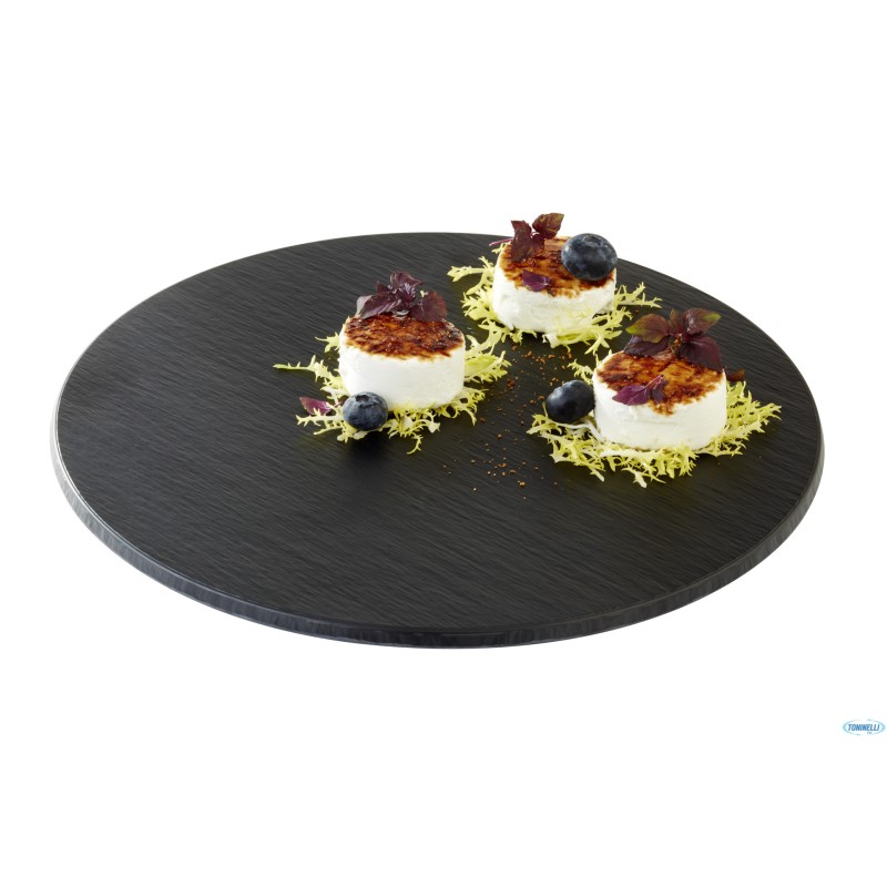 VASSOIO EFFETTO ARDESIA CM 30 H. 1 CM MELAMINA, NERO, CON PIEDINI ANTISCIVOLO