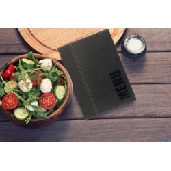 TRENDY-PORTAMENU IN SIMILPELLE COLORE NERO SCRITTA MENU IN BASSORILIEVO FORMATO A5 CM 17,7X25,3    MC-TRA5-BL